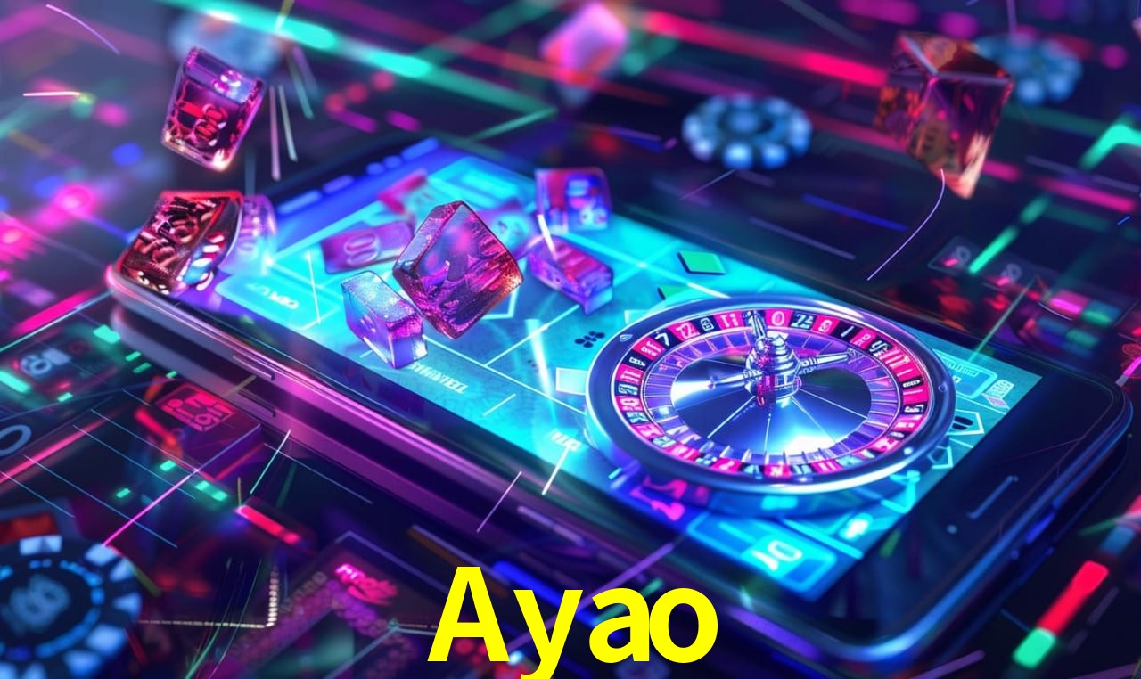 Escena dinámica inspirada en casino con iluminación Ayao, cartas, fichas e íconos de juegos digitales en un espacio moderno de juegos.