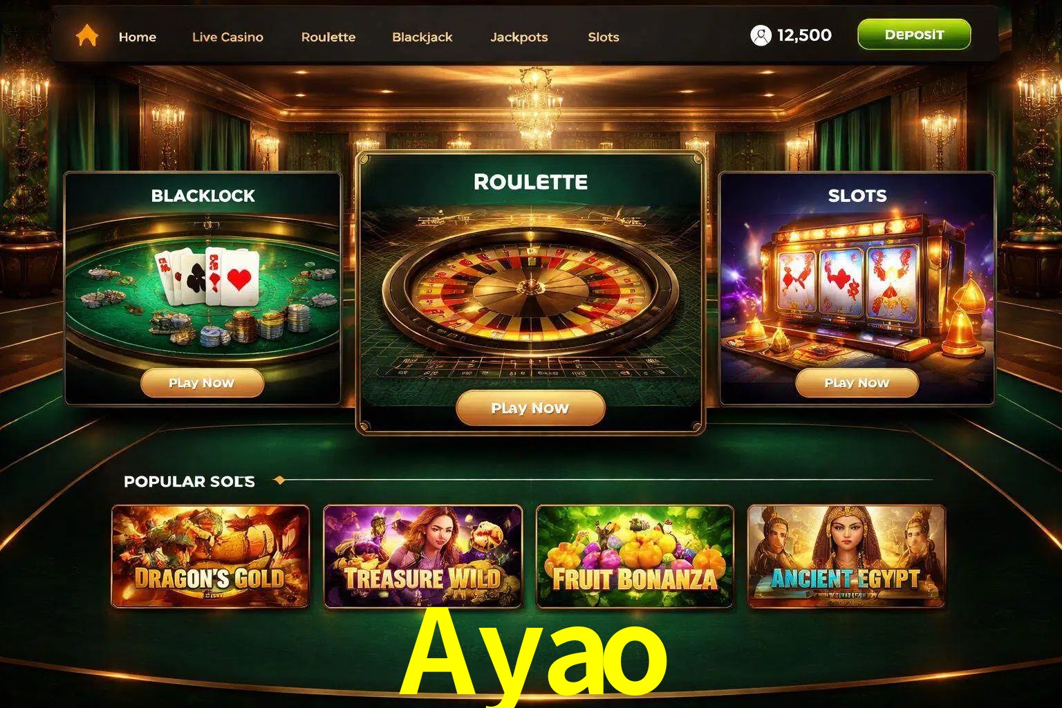 Vista de la plataforma Ayao Casino mostrando categorías organizadas de juegos en línea
