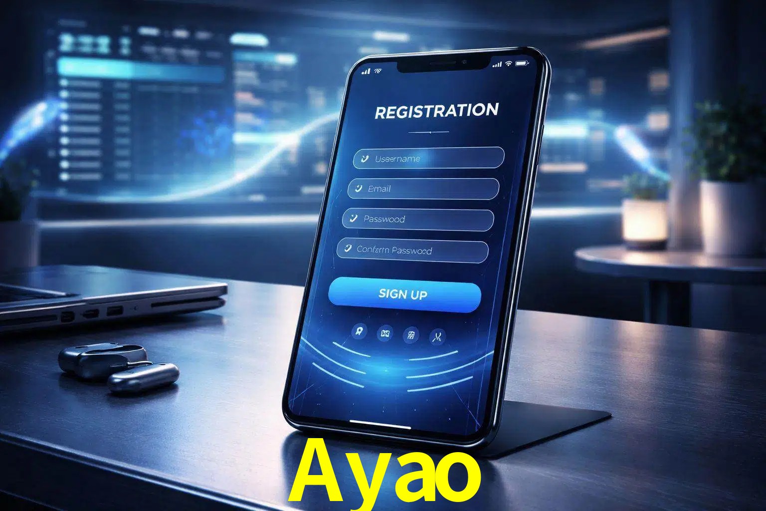 Una interfaz moderna de registro móvil para Ayao mostrada en un smartphone con un panel de apuestas elegante.